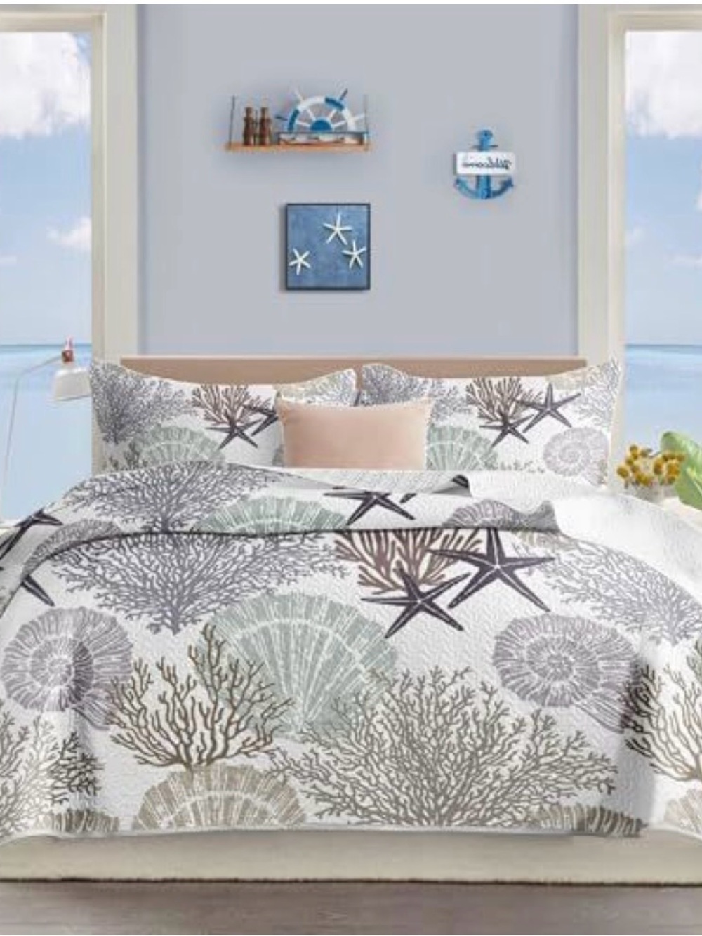 Coastal Starfish & Coral Quilt Set in Soft Blue and Gray